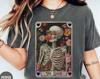 Comfort Colors® Skeleton Valentines Day Shirt, Unisex Tarot Card Shirt, Gothic Valentines Shirt for Tarot Lover,Retro Valentine Mystical Tee