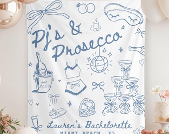 Pj's and Prosecco Bachelorette Party Banner Champagne Slumber Part Photo Backdrop Decoration Custom Bach Tapestry Spa Bridal Shower Banner
