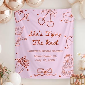 She&#39;s Tying The Knot Bachelorette Party Banner, Bridal Shower Welcome Sign, Personalized Coquette Bow Photo Backdrop,Custom Bach Party Decor