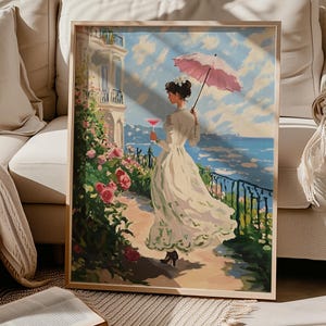 Monet Kobieta z Martini Wall Art, Różowy Dziewczęcy Wydruk, Zmieniony Obraz Olejny, Plakat Koktajlowy Coquette, Dziwaczna Sztuka Alkoholowa, Fantazyjny Wystrój Wózka Barowego