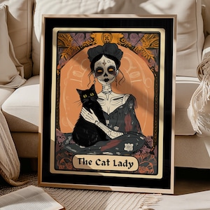 Cat Lady Tarot Print,Witchy Cat Lovers Wall Art,Vintage Cat Art Poster, Skeleton Cat Mom Gift,Witchy Cat Art,Dark Academia Gothic Cat Print