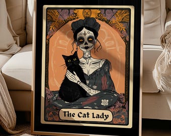 Kattdamens tarottryck, häxiga kattälskares väggkonst, vintage kattkonstaffisch, skelettkattmamma-present, häxig kattkonst, Dark Academia gotisk katttryck