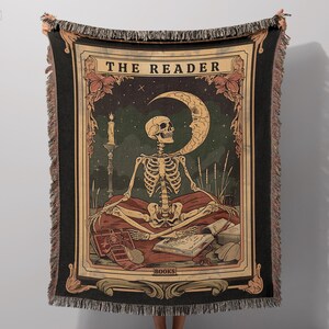 Skeleton Reader Tarot Woven Blanket, Reading Nook Decor, Bibliophile Present, Bookish Gift Ideas, Book Lover Blanket, Woven Wall Hanging