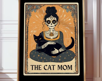 Kattmamma Tarotposter, Häxkattälskares väggkonst, Vintage kattkonsttryck, Skelettkattmamma-present, Häxkattkonst, Dark Academia gotisk katttryck
