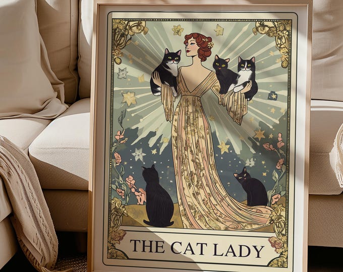 The Cat Lady Tarot Print, Art Nouveau Cat Lovers Wall Art, Vintage Cat Poster, Cat Mom Gift, Unique Cat Print, Apartment Decor