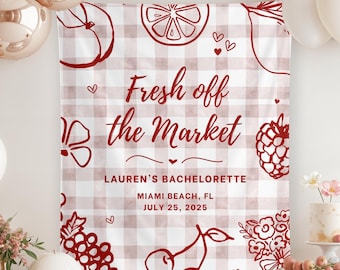 Tapisserie « Fraîchement sorti du marché » personnalisée, thème marché fermier, décoration pour enterrement de vie de jeune fille, bannière de fruits et légumes, panneau de fond fleuri pour fête prénuptiale