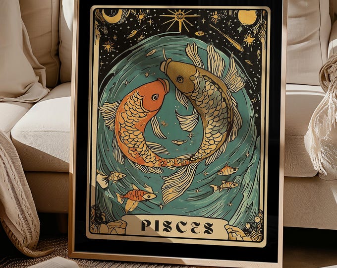 Pisces Zodiac Poster Art, Tarot Wall Art, Astrology Art Print, Vintage Dark Academia Pisces Gift Idea, Witchy Dorm Decor, Boho Wall Decor