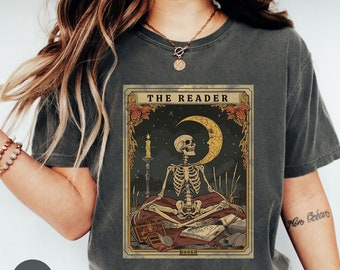 Comfort Colors® The Reader Tarot Card Shirt, Skeleton Reading Shirt, Unisex Tarot Card Shirt, Book Lover Gift, Bookish Gift,Tarot Lover Gift