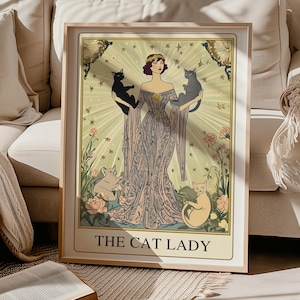 Cat Lady Tarot Wall Art,Art Nouveau Cat Lovers&#39; Art Print,Vintage Cat Poster,Cat Mom Gift,Retro Cat Art,Unique Cat Print,Apartment Decor