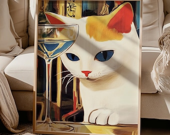 Art mural chat blanc avec martini, décoration avec alcool, peinture à l'huile de chat, art de chaton, impression d'art de cuisine drôle, cadeau pour les amoureux des chats, poster chat cocktail