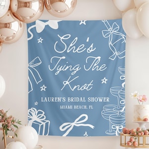 She&#39;s Tying The Knot Bridal Shower Banner, Personalized Coquette Sign, Bachelorette Party Photo Backdrop, Custom Bow Bridal Shower Decor