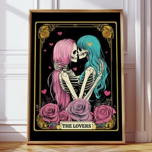 Lesben Kunstdruck, The Lovers Tarot Karte, Skeleton Sapphic Poster, Bisexuell Wohnheim Dekor, subtile Pride Wand Kunst Queer Paar Jahrestag Geschenk