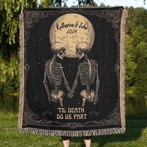 Skeleton Couple Blanket &#39;Til Death do us Part&#39; Woven Tapestry,Gothic Wedding Custom Throw Blanket,Personalized Wedding Gift,Goth Anniversary