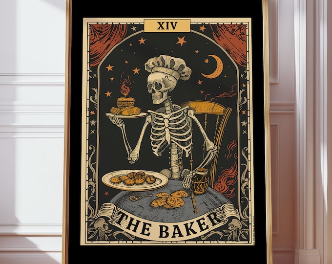 Baking Art Print,Skeleton Cooking Print,Tarot Card Wall Art,Gift for Bakers,Culinary Art Poster,Funny Kitchen Wall Art,Cake Lover Bakery Art
