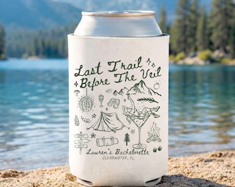 Personalized Camp Bachelorette Can Coolers, Last Trail Before The Veil Drink Beer Sleeves, Camp Themed Bridal Party Favors