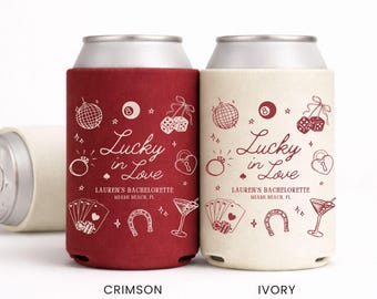 Custom Las Vegas Bachelorette Can Cooler, Lucky In Love Decor, Personalized Bachelorette Beer Sleeve, Casino Bridal Shower Drink Cooler