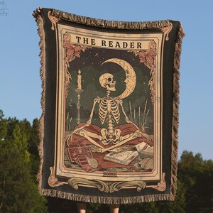 Skeleton Reader Tarot Woven Blanket, Reading Nook Decor, Bibliophile Present, Bookish Gift Ideas, Book Lover Blanket, Woven Wall Hanging