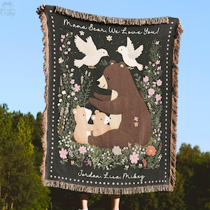 Personalized Blanket Mom Gift, Mothers Day Present From Kids, Mama Bear Woven Throw, Custom Message Woodland Tapestry, Unique Home Decor