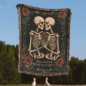 Katoenen deken skelet paar aangepaste Til Death Do Us Part geweven tapijt, tarotkaart gotisch huwelijkscadeau, gepersonaliseerde verjaardag gooien