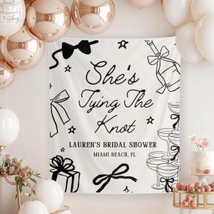 She&#39;s Tying The Knot Bridal Shower Welcome Sign, Personalized Coquette Bachelorette Party Photo Backdrop, Custom Bow Bridal Shower Decor,