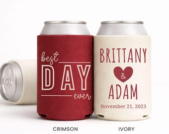 Personalized Wedding Can Coolers, Best Day Ever Beer Sleeve, Custom Reception Bar Favors, Monogram Guest Gifts, Slim or Regular Size