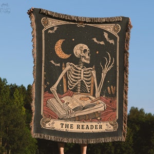 Manta de Tarot "El Lector", manta de esqueleto para amantes de los libros, decoración para el rincón de lectura, tapiz tejido, artículos para ratones de biblioteca, regalo de inauguración para amantes de los libros