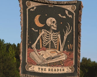 Manta de Tarot "El Lector", manta de esqueleto para amantes de los libros, decoración para el rincón de lectura, tapiz tejido, artículos para ratones de biblioteca, regalo de inauguración para amantes de los libros