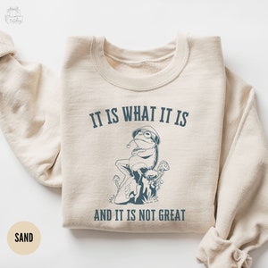 Könnte beinhalten: Ein beiger Pullover mit einem blauen Frosch, der einen Hut trägt und eine Pfeife hält. Der Text "IT IS WHAT IT IS AND IT IS NOT GREAT" ist auf dem Pullover aufgedruckt.