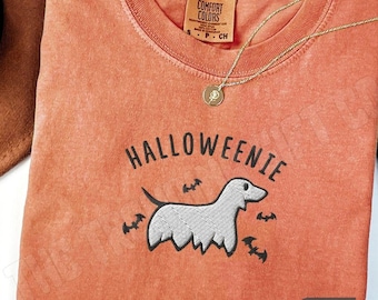 Embroidered Dachshund Halloween Shirt Funny Ghost Wiener Tee Doxie Mom Gift Vintage Weenie Dog Tshirt Spooky Season Halloweenie Shirt