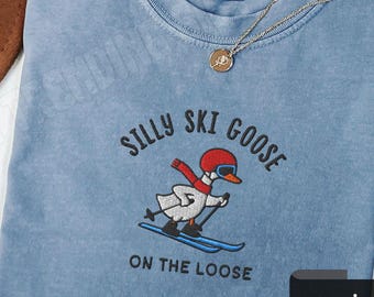 Besticktes Ski-Shirt mit lustiger Gans, bequeme Farben, Winter-T-Shirt, witziges Geschenk für Skifans