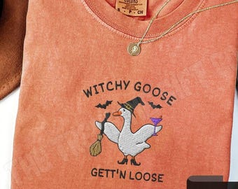 Embroidered Silly Goose Witchy Shirt Comfort Colors® Halloween TShirt, Retro Goose Lover Tee, Best Girly Halloween Gift, Spooky Witch Shirt
