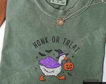 Embroidered Silly Goose Trick Or Treat Shirt Comfort Colors® Halloween TShirt, Witchy Goose Lover Tee, Funny Halloween Gift, Spooky Goosey