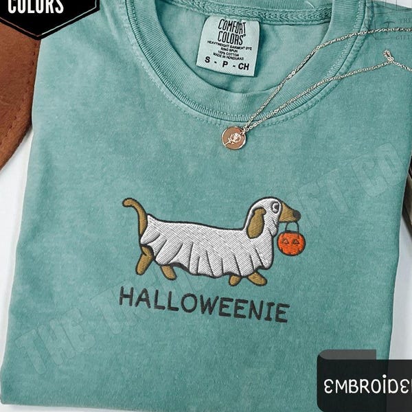 Geborduurd T-shirt met een spookmotief en een teckel voor Halloween. Grappig T-shirt voor teckelmoeders, leuk T-shirt voor 'trick or treat', griezelig Halloween-shirt.