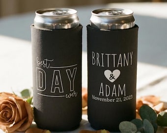 Personalized Wedding Can Coolers, Best Day Ever Beer Sleeve, Custom Reception Bar, Monogram Guest Favors, Slim or Regular Size
