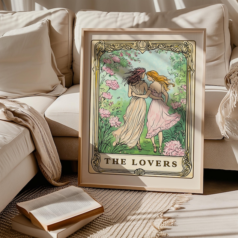 Lesbian Art Print, The Lovers Tarot Card, Sapphic Poster, Bisexual Dorm Decor, Subtle Pride Wall Art Queer Couple Anniversary Gift