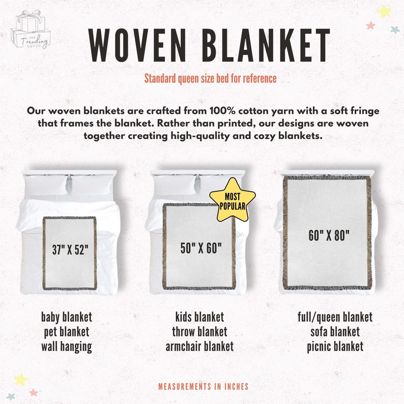 May include: Three woven cotton blankets with fringe edges in different sizes. The blankets are shown on a white background with the measurements in inches and suggested uses for each size. The text "MOST POPULAR" is highlighted in a yellow star shape.
