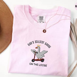 May include: Pink t-shirt with an embroidered design of a goose riding a scooter. The text on the shirt reads "God's Silliest Goose On The Loose".