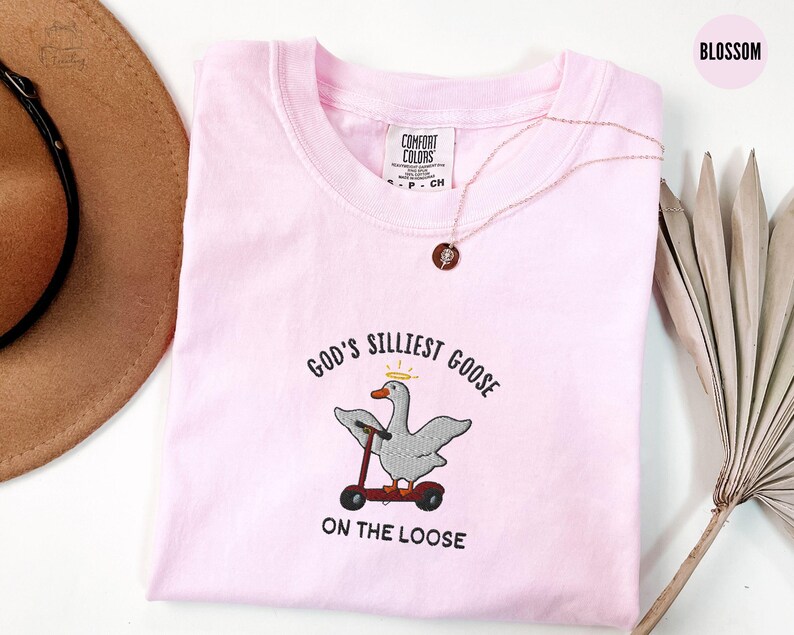 May include: Pink t-shirt with an embroidered design of a goose riding a scooter. The text on the shirt reads "God's Silliest Goose On The Loose".