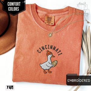 May include: A terracotta-colored short-sleeve t-shirt featuring an embroidered graphic of a white goose wearing an orange knit cap and holding a brown football. The text CINCINNATI is arched above the goose in black thread. The shirt has a crew neck.