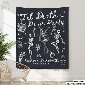 Til Death Bachelorette Party Decor, Personalized Gothic Tapestry, Skeleton Bride Banner,Bridal Photo Backdrop,Funny Halloween Wedding Favors