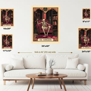 May include: A collection of framed art prints featuring a skeleton in a chair, holding a glass. The prints vary in size, including 16x20 inches, 30x40 inches, 11x14 inches, 9x11 inches, and 24x18 inches. The text "THE HOMEBODY" is visible.
