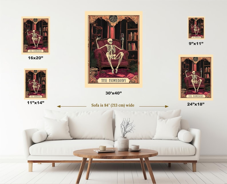May include: A collection of framed art prints featuring a skeleton in a chair, holding a glass. The prints vary in size, including 16x20 inches, 30x40 inches, 11x14 inches, 9x11 inches, and 24x18 inches. The text "THE HOMEBODY" is visible.