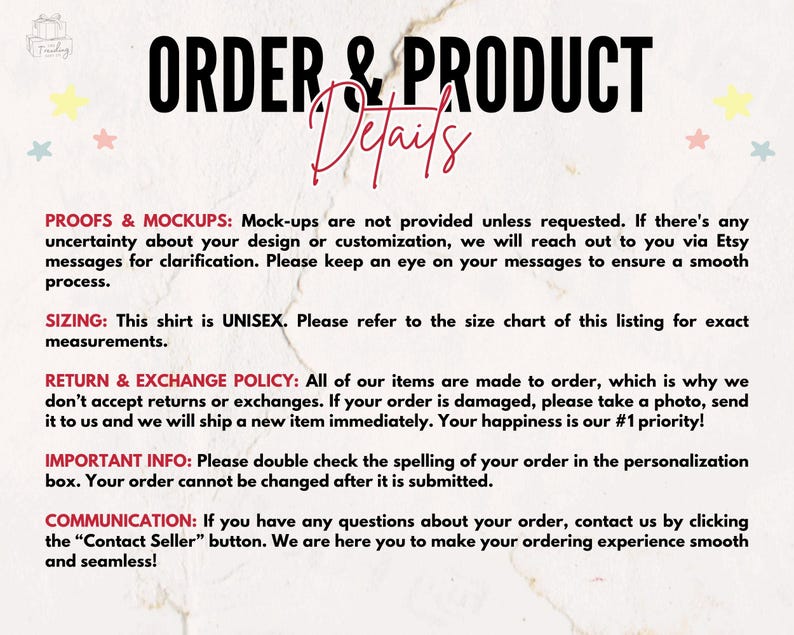 May include: Text-based image with the title "ORDER & PRODUCT Details" in black and pink. The image provides details on proofs, sizing, return policy, important info, and communication for the product.