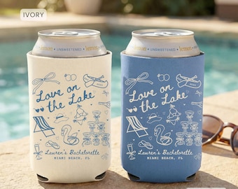 Love On The Lake Bachelorette Can Coolers, Personalized Lake Club Bachelorette Drink Beer Can Sleeves, Camping Bachelorette Party Favors