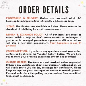 May include: Order details for a shop selling blankets. The text explains the processing and delivery times, sizing options, return and exchange policy, communication methods, and custom order process.
