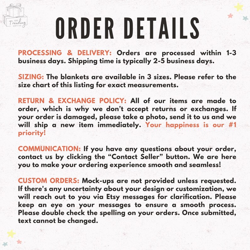 May include: Order details for a shop selling blankets. The text explains the processing and delivery times, sizing options, return and exchange policy, communication methods, and custom order process.