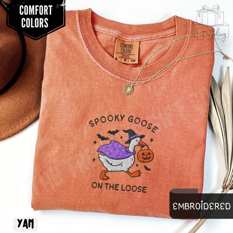 Embroidered Spooky Goose Shirt Comfort Colors® Halloween TShirt, Witchy Silly Goose Lover Tee, Girly Halloween Gift, Trick or Treat Outfit Yam