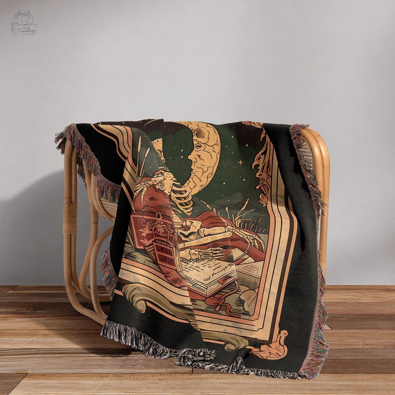 Skeleton Reader Tarot Woven Blanket, Reading Nook Decor, Bibliophile Present, Bookish Gift Ideas, Book Lover Blanket, Woven Wall Hanging
