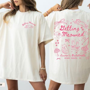 Custom Cat Bachelorette Shirt, Getting Meowied Funny Cat Themed Bach Party Favors, Here to Purrty Coquette Bow Bridesmaid Gifts