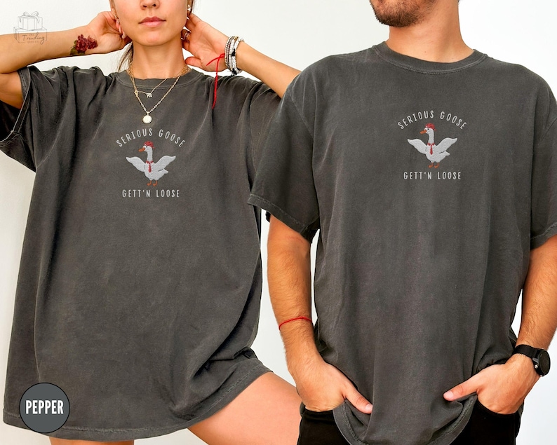 Geborduurd T-shirt met een serieuze gans, T-shirt met een grappige gans-meme, T-shirt met een gans van Comfort Colors als cadeau voor een collega, unisex T-shirt met ronde hals, T-shirt met gans afbeelding 2